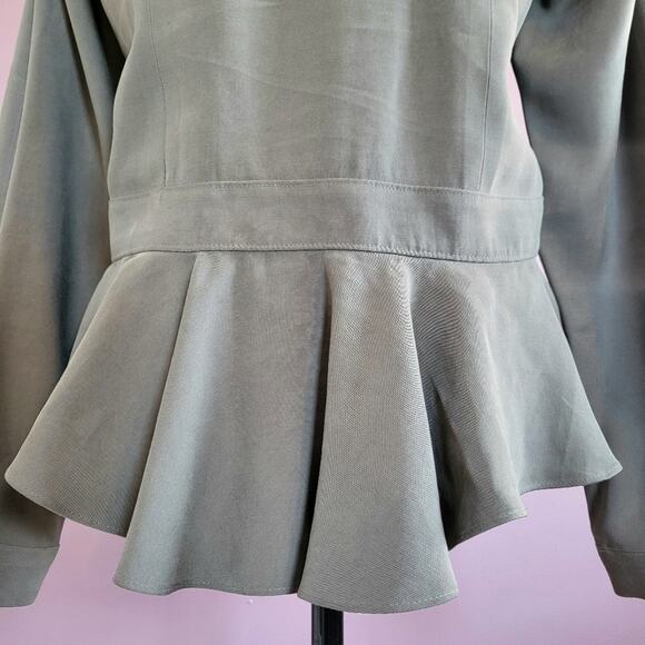 BCBGeneration Sage Green Open Front Buttoned Lapel Peplum Ruffle Hem Jacket - Picture 13 of 16